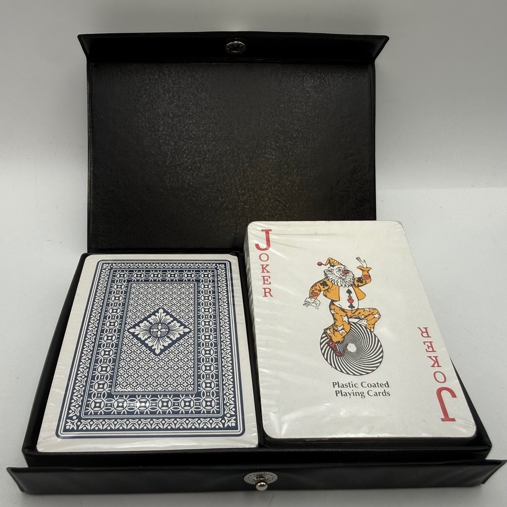 Vintage Double Deck Playing Card Set Sealed Plastic Coated Black Travel Case